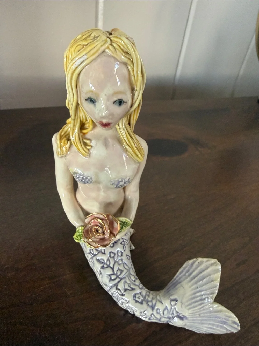 Decorative Ceramic Mermaid Figurine in Cream and Blue